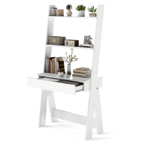 Tangkula Ladder Desk with Countertop & Drawer, Home Office Computer Laptop Table with Open Shelves & Anti-Tip Kits, Wall-Leaning Compact Working Station for Small Spaces (White)