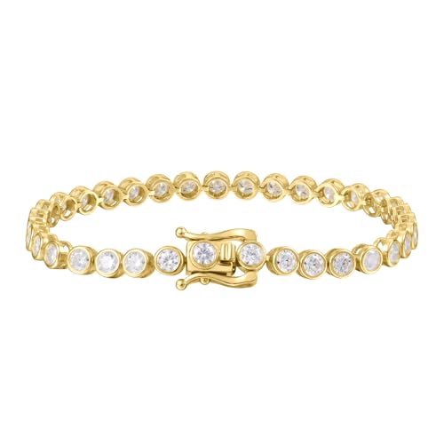 Gem's Beauty Bezel Tennis Bracelet 925 Silver Plated With 14k Gold Round Cut Moissanite Gold Tennis Bracelets for Women Valentine’s, Wedding, Birthday Jewelry Gift