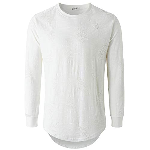 KLIEGOU Mens Hipster Hip Hop Ripped Round Hemline Hole T Shirt(1705L White L)