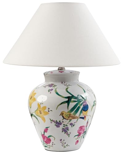 Beliani Lampada da tavolo elegante con base in porcellana Patten floreale Paralume a campana in lino Illuminazione bianco