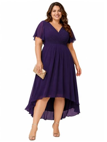 Image of Ever-Pretty Plus Women's Chiffon Midi Plus Size Formal Wedding Guest Dress | V-Neck, Short Sleeve, High Low, Ruched Bust, Empire Waist, Plus Size Cocktail Dress Semi Formal Dresses