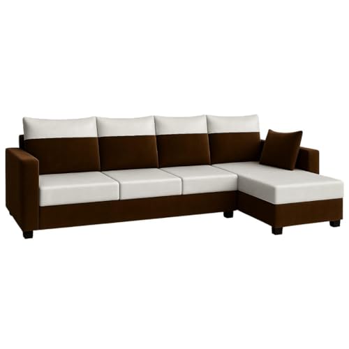 Image of FURNY Arissa 5 Seater Fabric RHS L Shape Sofa Set with Extra Cushions (Light Grey-Dark Brown) Premium Velvet Finish | Ideal of Living Room