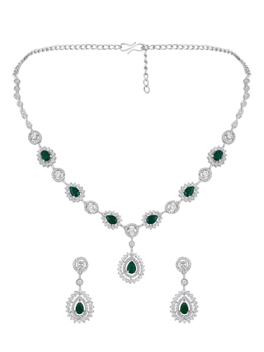 Image of ASMITTA Jewellery American Diamond Necklace Set Rhodium Plated Earrings Jewellery Set for Women & Girls
