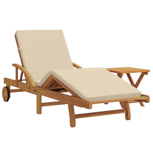 vidaXL Tumbona con Cojín y Mesa Beige de Madera Sólida de Acacia