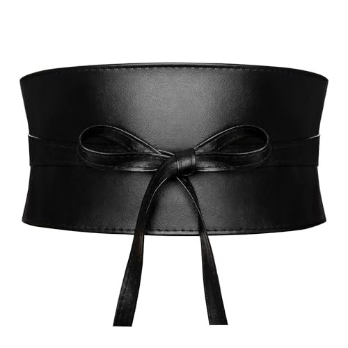 macoking Wide Black Obi Belts for Women Thick Wrap Faux Leather Corset, S
