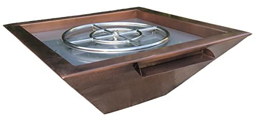 30 Inch Hammered Copper Water Bowl Fountain Square Propane or Natural Gas Fire Pit with 18 inch Diameter Burner Ring 147,000 BTU