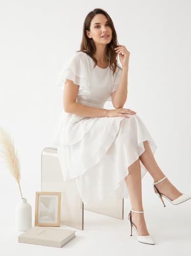 Image of Women Layered Georgette Fit & Flare Midi Dress | Round Neck Flutter Sleeve Knee Length Dress | Tiered Party Dress for Women Evening and Casual Styling