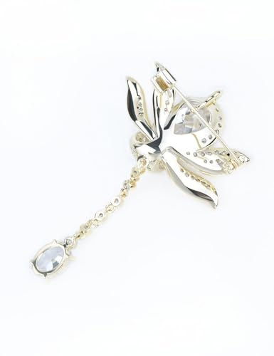 Image of Women's Cubic Zirconia Orchid Flower Brooch Crystal Floral Boutonniere Petal Lapel Pin Beastpin Bridal Wedding Jewelry with Tassel