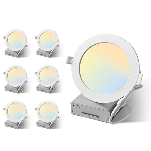 LMP 6 Pack 6 Inch 5CCT Ultra-Thin LED Recessed Ceiling Light with Junction Box, Selectable 2700K/3000K/3500K/4000K/5000K, 12W, 1000LM Brightness, CRI90+, Dimmable Canless Lights Downlight