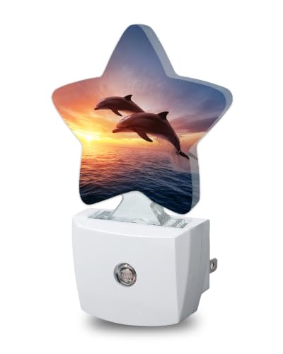 Image of Dolphin Star Night Light Plug in, Decorative Night Light for Kids Room Nursery Bedroom, Soft Glow Sensor Lamp for Hallway Bathroom, Compact Energy Saving