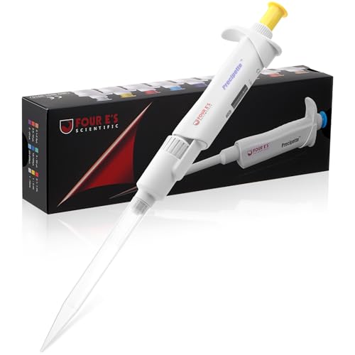 Image of 4E's USA Lab 1-5mL Pipette: Single-Channel Adjustable Micropipette with Color-Coded Top (Yellow), 4 Digit Display, Universal Tip Cone, High Accuracy, ISO 8655 Calibrated & Lower Portion Autoclavable