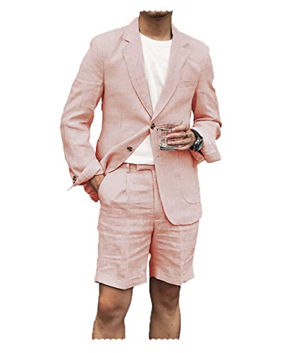 Men's 2 Pieces Linen Suit Casual Slim Fit Suits Retro Wedding Prom Tuxedos Summer Beach Party Blazer Shorts Set