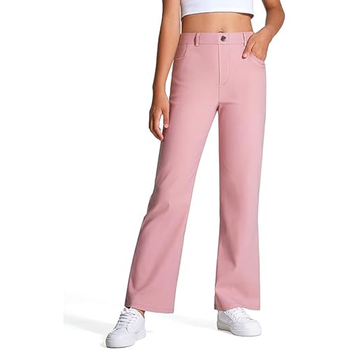 Girls School Uniform High Waisted Pants, Flared Leggings for Teen Girls Uniform Dress Pants with Button Closure