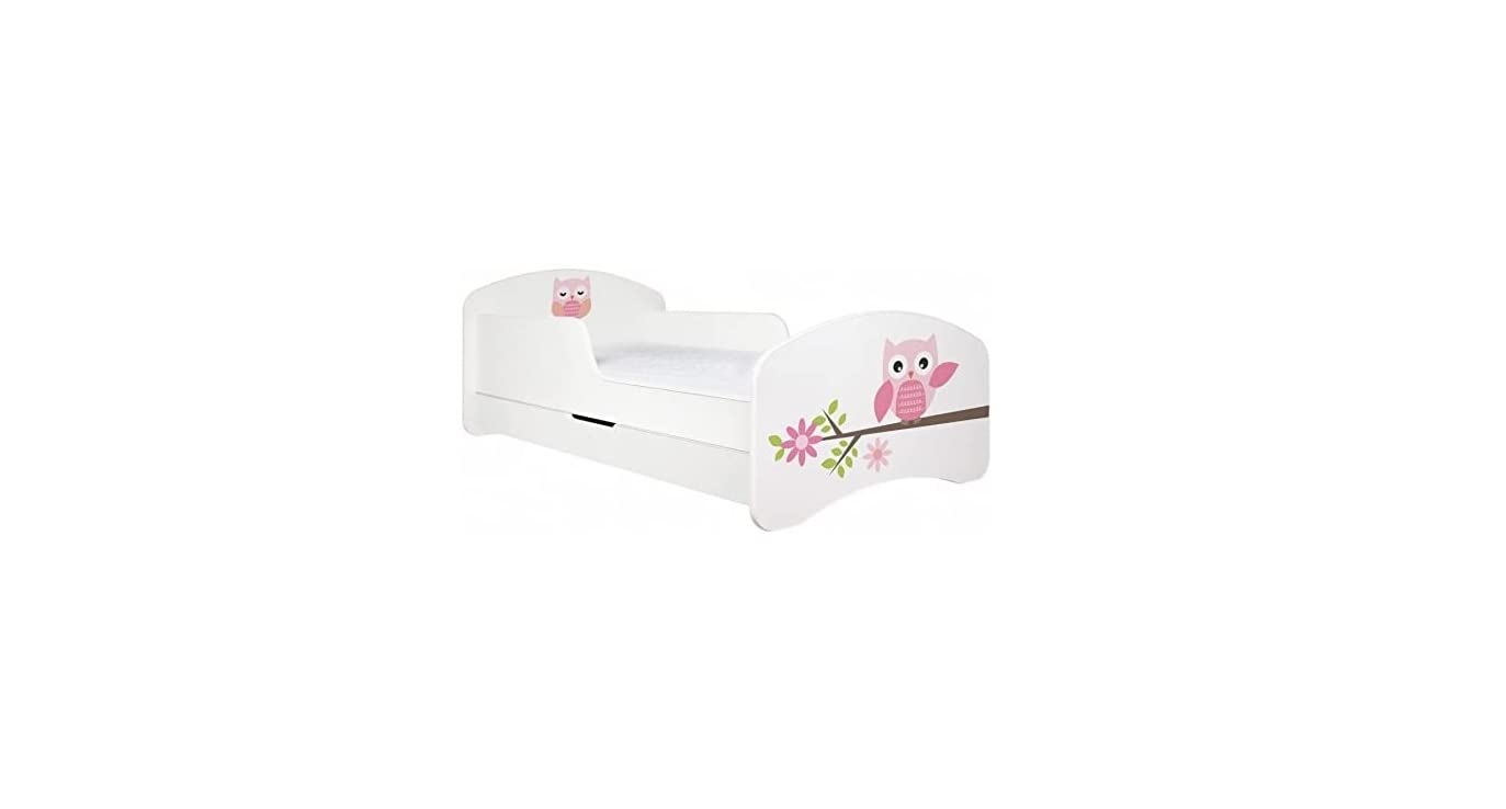 BDW Lit pour enfant avec matelas et tiroir de lit - 140/160/180/190 - Différents motifs pour garçon - Motif chouette (blanc, 180 x 90)