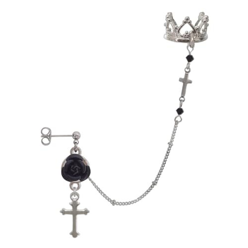 薔薇 バラ ローズ ばら 王冠 クラウン 十字架 クロス 黒 ブラック 銀 シルバー ピアス イヤーカフ イヤーフック イヤークリップ チェーン 片耳用 ゴシック ゴスロリ パンク アクセサリー 女性用 男性用 レディース メンズ ハロウィン コスプレ