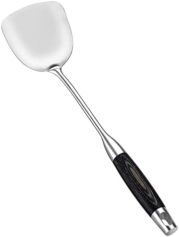 Cooking Utensil Metal Spatula Chinese Spatula 18/8 304 Stainless Steel Wok Spatula with Heat Resistant Long Wooden Handle,Silver/15.5inch