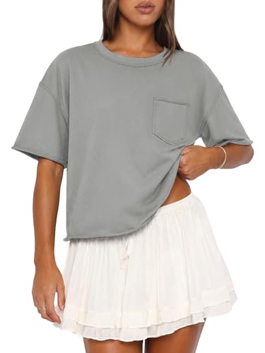 Image of ATHMILE Womens Crop Tops Workout Shirts Gym Oversized Spring Summer Basic Tees Short Sleeve Casual Loose Drop Shoulder 2026