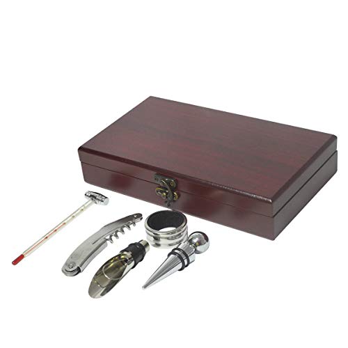 KIT PARA VINHO 5 PEÇAS COM SACA ROLHAS CAIXA MADEIRA