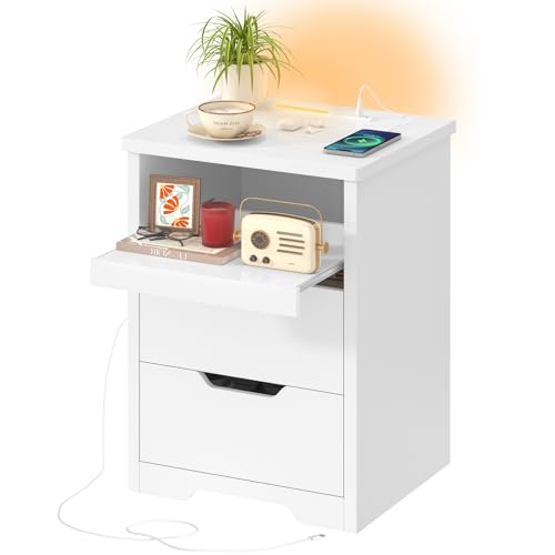 TEENFON Table de Chevet avec Éclairage LED 3 Couleurs et Charge Rapide USB/Type-C – Chevet de Lit Ainsi Que Table de Nuit Moderne avec Plateau Coulissant et...