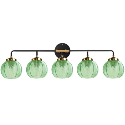 Image of 5-Light Emerald Green Vanity Lights Unique Leaf Texture Glass Shade | Bathroom Light Fixture,Black Gold Metal Finish,E26 Base,27.2Inch Long, 5.9″ Glass Shade,Over Mirror,Bedroom,Hallway,Cabinet
