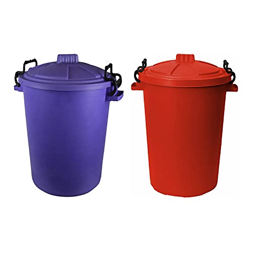 M1SS (Set of 2) 50 Litre Purple and Red Heavy Duty Plastic Clip Lock Lid Bin Indoor or Outdoor Rubbish, Waste or Storage of Animal Feed.