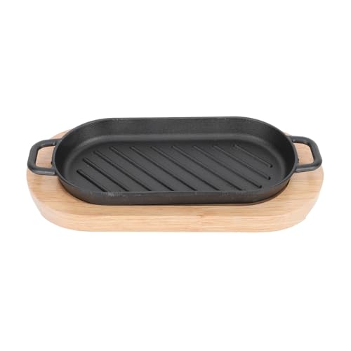 BESPORTBLE Poêle à Griller en Fonte Rectangulaire 22X11 CM Profondeur 2 CM Mini Assiette de Steak et Poisson Cuit Plateau en Bois Cuisson Teppanyaki Maison Set 1 Pièce