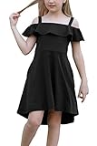 GORLYA Girl's Cold Shoulder Flounce Trim Elegant Casual Formal Dress with Pockets for 4-14T Kids (GOR1045, 11-12Y, Black)