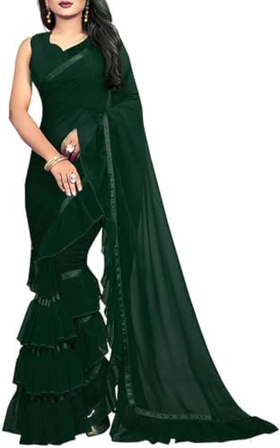 VIBRANCE Saree Ruffle Georgette Ethnic Indian Women Party Wear Frill Designer Border Sari