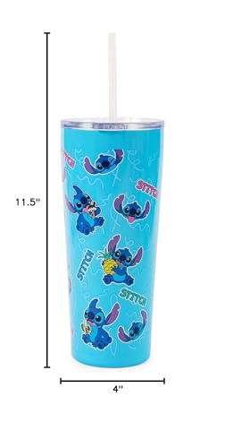 Image of Silver Buffalo Disney Lilo and Stitch Snacking and Expression Double Walled Stainless Steel Tumbler with Straw, 22 Ounces