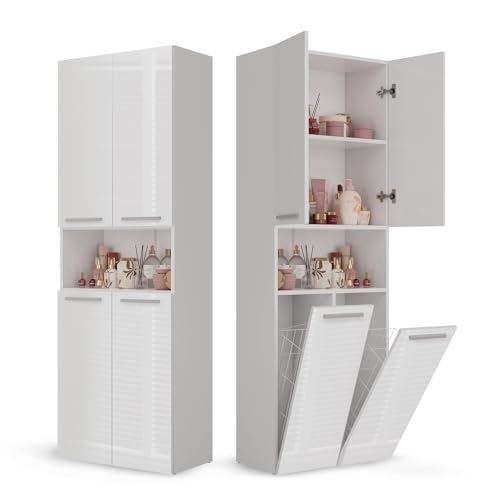 CDF Armario de Baño con 2 Cestas Ropa Sucia, Armario Alto, Bolsa de Ropa Extraíble con Asas Compartimento con Puerta 30 x 60 x 174 cm Bianco Brillo Montaje Sencillo