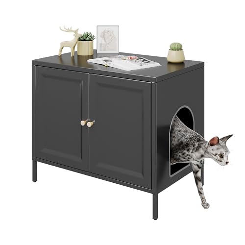 METAN Cat Litter Box Enclosure, Metal Cat Washroom Furniture with Barn Door, Pet House, Fit Most of Litter Box,Black,Assembly Required