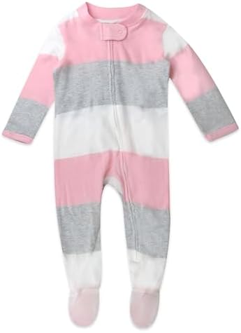 HonestBaby Sleep and Play Footed Pajamas One-piece Sleeper Jumpsuit Zip-Front Pjs 100% Organic Cotton for Baby Girls, Jumbo Stripe Petal Pink, Newborn image 5