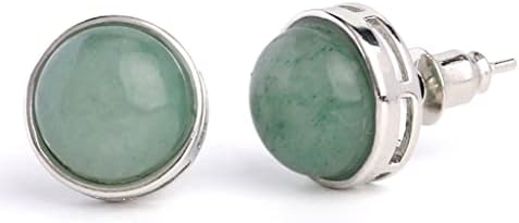 GREEN AVENTURINE Genuine Natural Stones Round Stud Earrings for Women & Men Platinum Plated Energy Crystal Jewelry - USA HANDMADE (Green Aventurine)