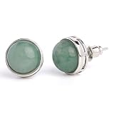 GREEN AVENTURINE Genuine Natural Stones Round Stud Earrings for Women & Men Platinum Plated Energy C
