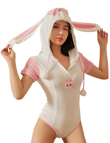 Oludkeph Disfraz de conejo para mujer, lencería de anime, cosplay, mono japonés con capucha (blanco y rosa 1, talla única)