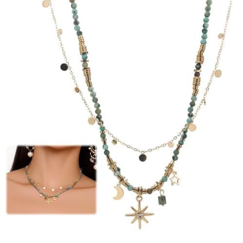 PYEUIFT Collier Boho à breloques pour femmes, Double Couche, Or, Bijoux d'été plage surfeur, Cadeaux