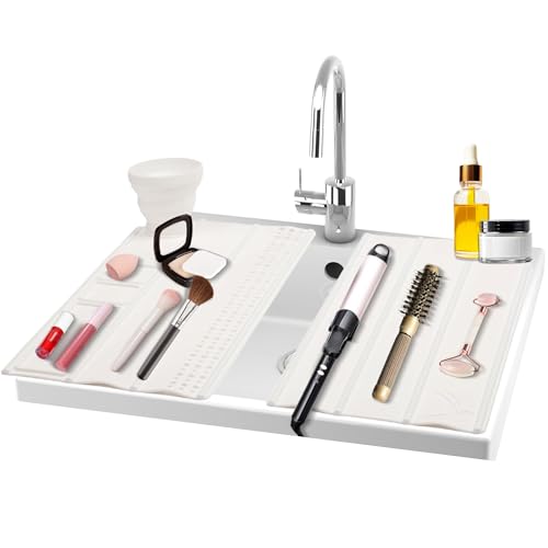 Bathroom Foldable Sink Cover for Counter Space - 2 Roll up Silicone Beauty Mat, Heat Resistant for hot Tools, Sink Topper Bathroom Countertop Organization, Travel Bag (White, Large, 2 Pcs)