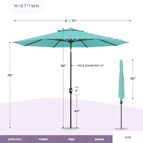 Image of Midtown Umbrellas - 10-Year-No-Fade 6 Ft Patio Umbrella with Terylast Fabric, Auto-Tilt Aluminum Frame and 8 Reinforced Ribs for Deck, Pool, Garden & Beach - Forest Green Canopy, Black Pole