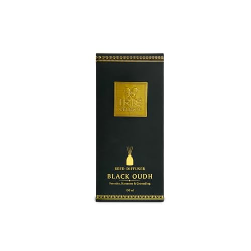 Image of IRIS Celeste Black Oudh Reed Diffuser Set 150ml |4 Black Fiber Reed Sticks 9 inch|Stress Relief & Aromatherapy |Long-Lasting,Smoke-Free Air Freshener for Home,Bedroom and Office | Ideal for Gifting.