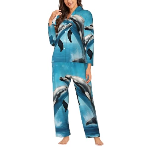 Pyjama Dolphins In Love femme noir taille S avec chemise boutonnée