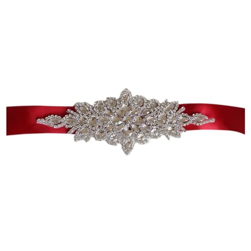 Queenbox 1.6x106.3in Bridal Wedding Waist Belt, Bling Rhinestone Satin Ribbon Bridal Sash Belt for Evening Party Festival, Wine Red