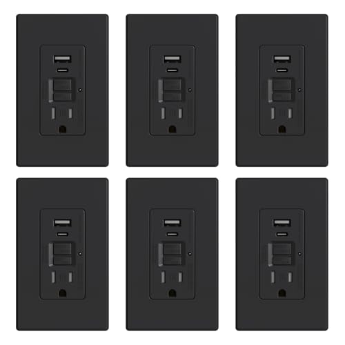 ELEGRP GFCI Outlet with USB Ports, 15 Amp Self-Test GFCI Combination with USB Ports, 24W Max Total Output, Tamper Resistant GFCI USB Outlet with Wall Plate, UL Listed, Matte Black, 6 Pack