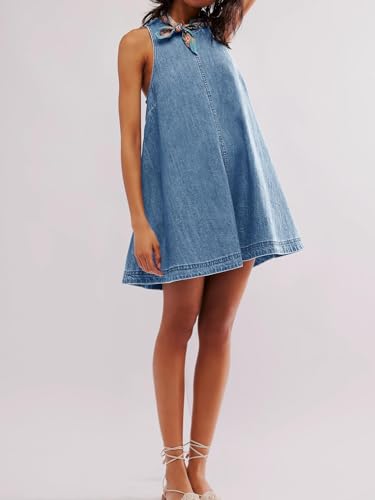 Image of utcoco Women's 2026 Summer Sleeveless Denim Mini Dress Back Cut Out A Line Swing Jean Tank Dress