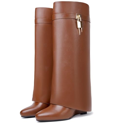 Image of Fold Over Knee High Boots for Women Pointy Pull-on Wedge Heel Knee Shark Boot With Side Zipper Covered Wedge Heel Padlock Boot