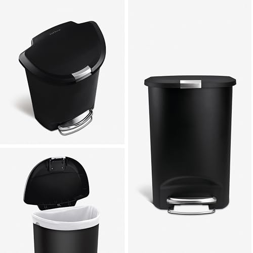 simplehuman CW1355 50L Semi-Round Kitchen Pedal Bin with Lid Lock, Silent Soft Close Lid, Strong Steel Pedal, Stay-Open Lid, Large Capacity, Black Plastic
