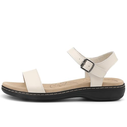 Image of Women's Classic Flat Sandals Leather Open Toes Memory Foam One Band Ankle Strap Adjustable Slip On Shoes