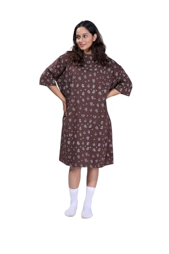 Image of LAMA STORE Women's Printed Oversized T-Shirt Dress, Cotton, 3 /4 Sleeve Length, Casual Loose Fit, Comfort Wear Extra Comfy Oversized Printed Pocket T-Shirt Dress