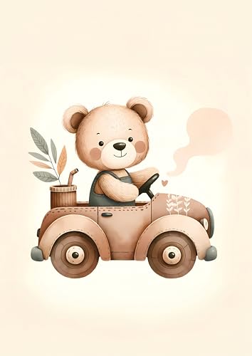 Heimisch Wunder Póster de oso en el coche para habitación infantil, decoración para niños y niñas, bonita decoración de pared para habitación infantil