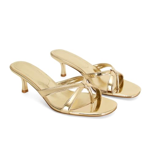 Image of Dsevht Gold Kitten Heel Sandals for Women Flip Flop Strappy Mule heels Rounded Open Toe Heeled Thong Sandals Women