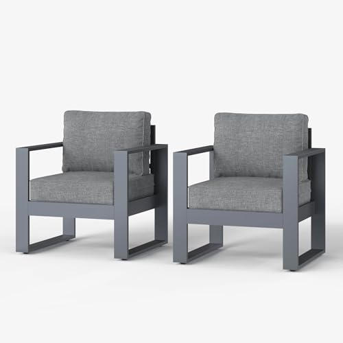 LayinSun Outdoor Patio Aluminum Chair, Metal Modern Armchair Set of 2 with Washable Thick Cushions